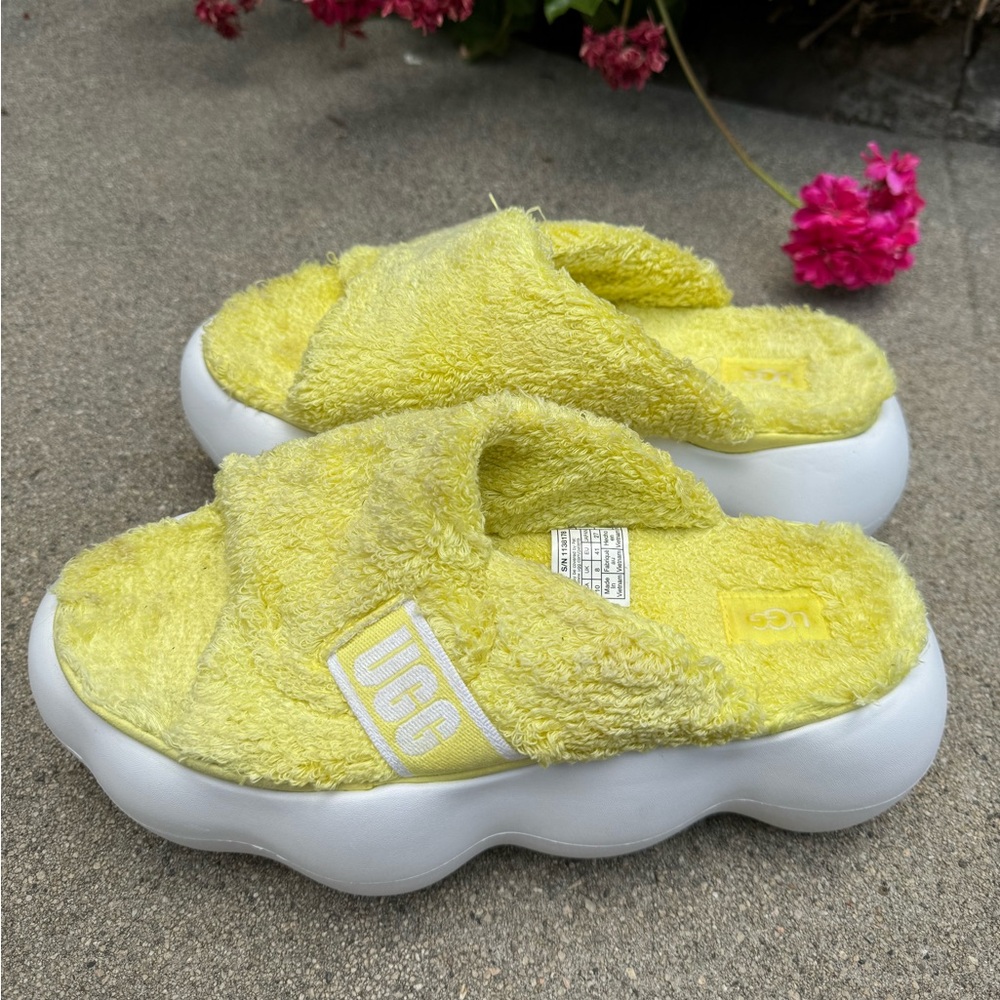 Ugg Sugarcloud yellow terry 3 inch platform slides; egg shoes; recycled rubber